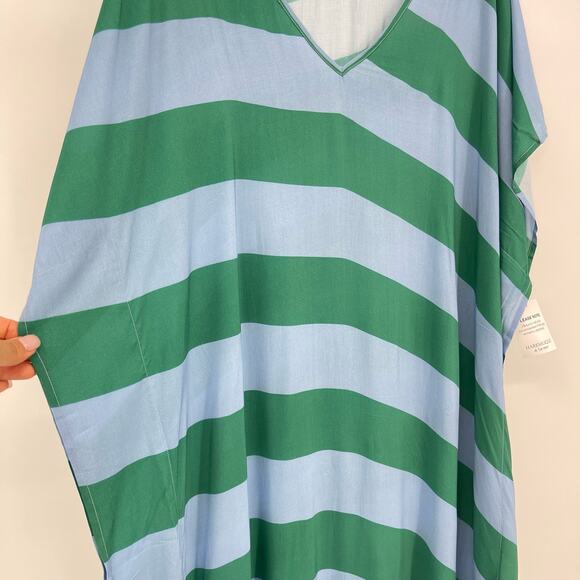Haremlique a la Mer | Oblique Blue Green Evil Eye Striped Kaftan Maxi Coverup M - Picture 6 of 14